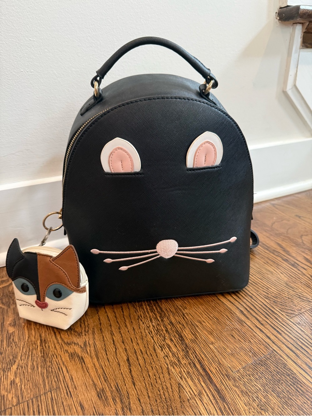 Black Cat-Themed Women's Backpack Purse with Pink Accents